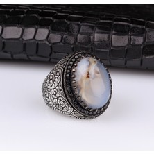 925 Ayar Gümüş Yemen Akik Taşlı Kalem Motifli Yüzük