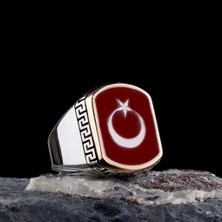 925 Ayar Gümüş Kırmızı Mineli Ayyıldız Model Erkek Yüzük