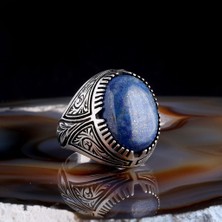 Lapis Taşlı Kalem Işleme Desenli 925 Ayar Gümüş Erkek Yüzük