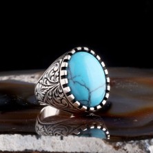 Turkuaz Taşlı Kalem Işleme Motifli 925 Ayar Gümüş Erkek Yüzük