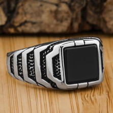 Siyah Kare Oniks Taşlı Desenli 925 Ayar Gümüş Yüzük