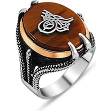 925 Ayar Gümüş Pençeli Tuğra Model Kaplan Gözü Taşlı Yüzük