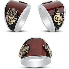 925 Ayar Gümüş Osmanlı Devlet Armalı Kırmızı Akik Taşlı Yüzük