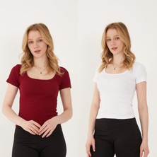 Wearflawless Kadın 2'li Adet Kısa Kollu Fitilli U Yaka Pamuklu Örme Kaşkorse T-Shirt Bluz