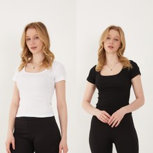 Wearflawless Kadın 2'li Adet Kısa Kollu Fitilli U Yaka Pamuklu Örme Kaşkorse T-Shirt Bluz