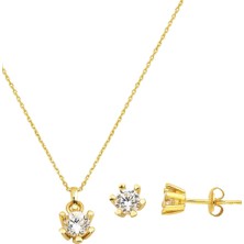 Tek Taşlı 14 Ayar Kolye Küpeli Altın Set