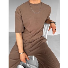 Abluka Online Erkek Oversize Çizgi Desenli Esnek Ve Hafif Rahat Yazlık T-Shirt Açık Kahve