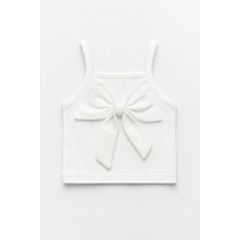 Magu Kız Çocuk Pamuklu Beyaz Askılı T-Shirt Fiyonk Detaylı Yazlık Stil Normal Kol