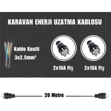 Karavan Elektrik Girişi Uzatma Kablosu 20 Metre  2x16A Fiş - 2x16A Fiş