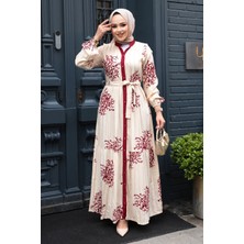 Desenli Bordo Tesettür Elbise 23925BR
