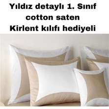Çift Kişilik Pamuk Saten Bej Beyaz Nevresim Takımı Yıldız Detaylı