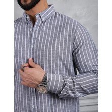 Erkek Gri Oversize Çizgili Keten Gömlek