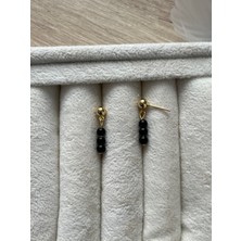 Minimal Siyah Oniks Taşı Altın Kaplama Top Küpe