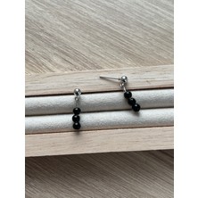 Minimal Siyah Turmalin Taşı Gümüş Kaplama Top Küpe