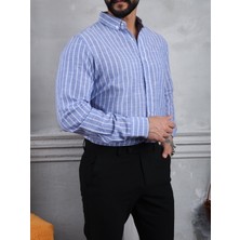 Erkek Mavi Oversize Çizgili Keten Gömlek