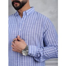 Erkek Mavi Oversize Çizgili Keten Gömlek