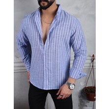 Erkek Mavi Oversize Çizgili Keten Gömlek