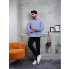 Erkek Mavi Oversize Çizgili Keten Gömlek