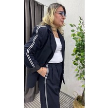 Lacivert Şeritli Blazer Ceket ve Palazzo Pantolon Takım