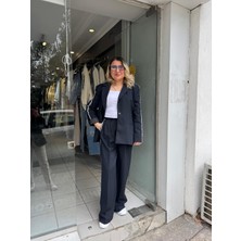 Lacivert Şeritli Blazer Ceket ve Palazzo Pantolon Takım