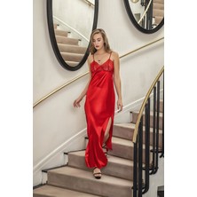 Eterelle Moda Dantelli Uzun Yırtmaçlı Saten Gecelik Elbise String Takım Kırmızı (MGP31512)
