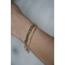 14 Ayar Altın Gurmet ve Ataç Çift Zincir Tasarım Bileklik