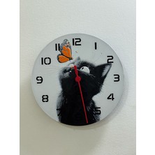 Kedi ve Kelebek Desenli  Dekoratif (Duvar - Masa) Saati