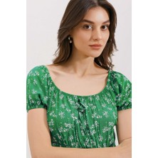 Aruz Moda 2427 Yırtmaçlı Çiçekli Viskon Elbise - Yeşil
