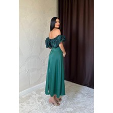 Bordo Omuz Büzgülü Saten Elbise