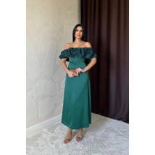Bordo Omuz Büzgülü Saten Elbise