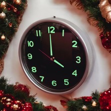 Fosforlu 3D Kabartma Rakam Duvar Saati Siyah Gümüş Renk Çap 28  cm