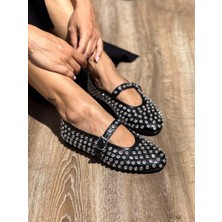 Bijou Taş Detaylı Ince Bantlı Siyah Babet