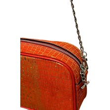 Pinkylola  Design- Camera Model Narçiçeği Altın Yılan Baskılı Hakiki Deri Zincir Detaylı Askılı/çapraz Çanta