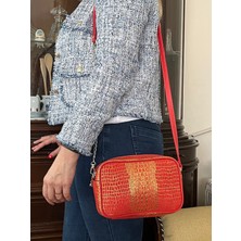 Pinkylola  Design- Camera Model Narçiçeği Altın Yılan Baskılı Hakiki Deri Zincir Detaylı Askılı/çapraz Çanta
