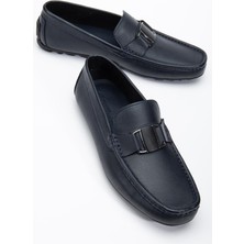 Hakiki Deri Erkek Günlük Loafer Ayakkabı Lacivert Metal Tokalı