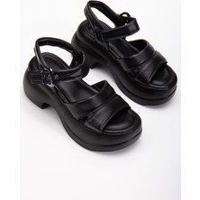 Kadın Dolgu Topuk Sandalet Siyah 2 Kalın Bantlı Cilt