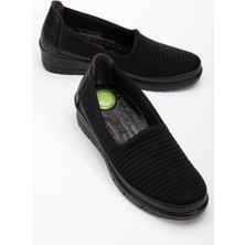 Hakiki Deri Büyük Beden Kadın Ortopedik Günlük Ayakkabı Siyah Streç Nakış Detaylı