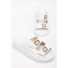 Dilimler Ayakkabı Kadın Dolgu Taban Terlik Siyah 2 Bantlı  Deri