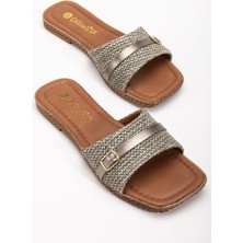 Dilimler Ayakkabı Kadın Düz Topuk Terlik Mavi Hasır Kalın Tek Bant