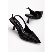 Kadın Abiye Ayakkabı Siyah Ince Topuklu Taş Döşeme