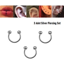 Begonia Accessories 316L Cerrahi Çelik, 6 mm Çap, 3 mm Toplu, 3 Adet Gümüş Kaplama Septum Piercing Set, Kaş, Dudak, Burun, Kulak Kullanımına Uygundur