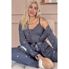 Antrasit Sunlit Desenli Bambu Sabahlıklı Kadın Pijama Takımı