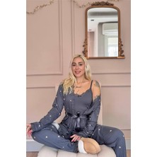 Antrasit Sunlit Desenli Bambu Sabahlıklı Kadın Pijama Takımı