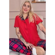 Kırmızı Tartan Exclusive Önden Düğmeli Kadın Pijama Takımı