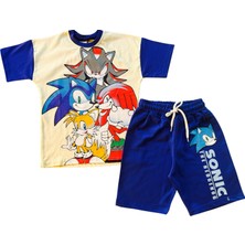 Erkek Çocuk Sonic Desenli Krem-Lacivert Şortlu Takım