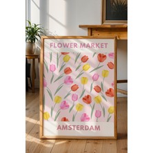Flower Market Amsterdam Temalı Renkli Çiçek Poster - Retro Seyahat Duvar Dekoru - Çerçevesiz Baskı