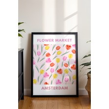 Flower Market Amsterdam Temalı Renkli Çiçek Poster - Retro Seyahat Duvar Dekoru - Çerçevesiz Baskı