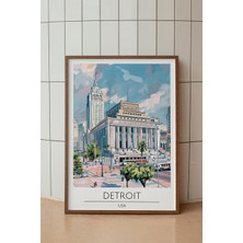 Detroit Seyahat Poster - Amerika Temalı Retro Sulu Boya Şehir Manzarası - Çerçevesiz Sanat Baskı