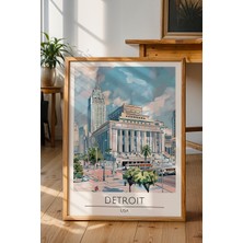 Detroit Seyahat Poster - Amerika Temalı Retro Sulu Boya Şehir Manzarası - Çerçevesiz Sanat Baskı