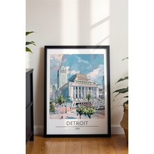 Detroit Seyahat Poster - Amerika Temalı Retro Sulu Boya Şehir Manzarası - Çerçevesiz Sanat Baskı